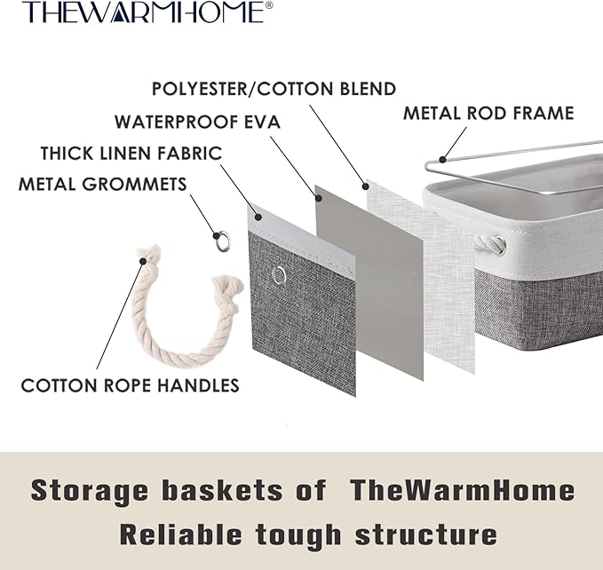 TheWarmHome Small Storage Baskets for Organizing,Storage Baskets for Shelves,Small Fabric Storage Bins W/Handles For Closet Nursery Toy Decorative Foldable (White&Grey, 11.8L*7.9W*5.2H-6 Pack) - Image 4