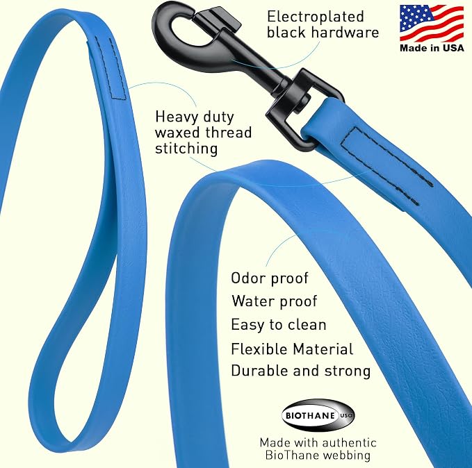 Dogline Biothane Waterproof Dog Leash Strong Coated Nylon Webbing with Black Hardware Odor-Proof Easy to Clean High Performance for Small or Large Dogs Made in USA 4 or 6 ft Lead, Cerulean Blue - Image 2