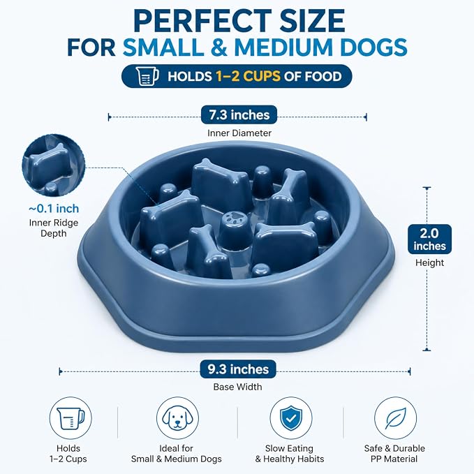Slow Feeder Bowl for Small & Medium Cats & Dogs - Durable Slow Feeding Bowl with Non-Slip Base - Anti-Choking Puzzle Food Bowl for Dogs That Helps Mental Stimulation & Reduces Fast Eating-Blue - Image 2