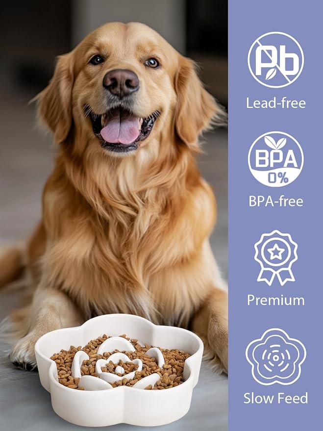 Ceramic Slow Feeder Dog/Cat Bowl 8" 11.3oz Medium Large | Anti-Choking Slow Food Bowls, Slow Feeder for Large Breeds, Plum Puzzle Design, Non-slip Silicone, Dishwasher Safe, White - Image 5