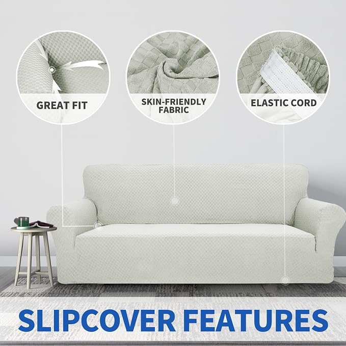 ZNSAYOTX 1 Piece Jacquard Couch Covers for 2 Cushion Couch High Stretch Loveseat Slipcover for Pets Dogs Anti Slip Love Seat Sofa Slipcover Furniture Protector (Medium, Ivory) - Image 3