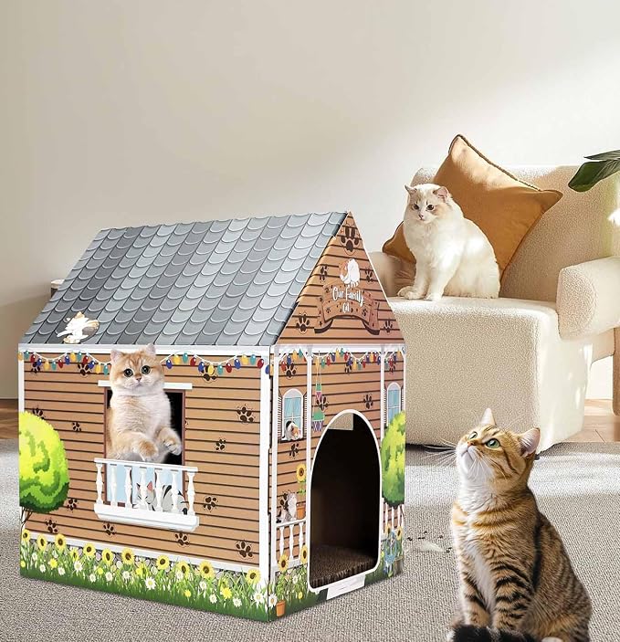 Cardboard Cat House with Scratch Pad Large Cats Scratching Playhouse Scratcher House for Indoor Cats Cardboard Cat Play Box - Image 5
