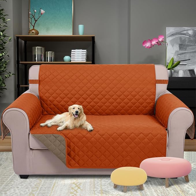 U-NICE HOME Loveseat Sofa Cover for 2 Cushion Couch, Orange/Taupe | 45''Loveseat Cover Washable, Pet Friendly, Elastic Straps, Water Repellent, Furniture Protector for 2 Cushion - Image 2