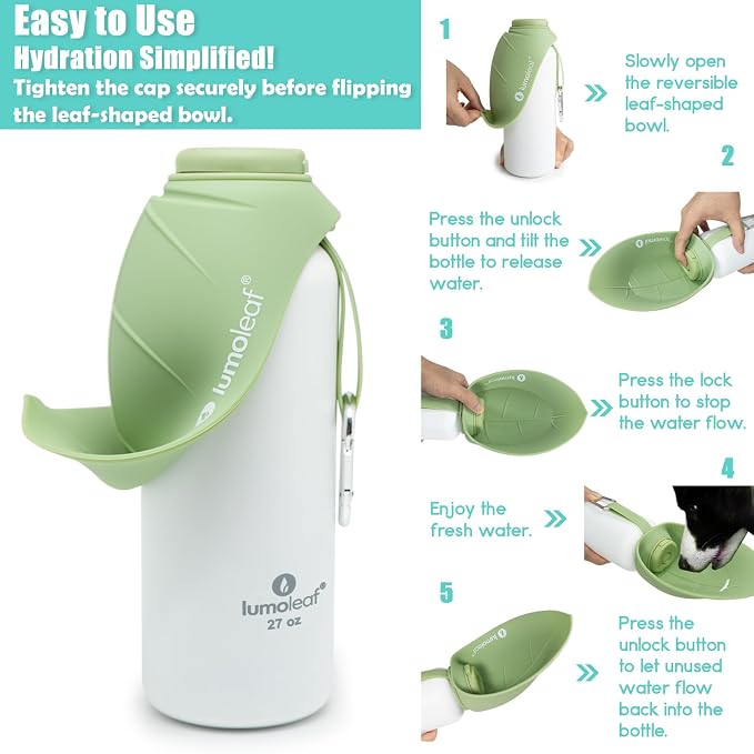 LumoLeaf Insulated Dog Water Bottle 27 oz Stainless Steel - Keep Water Cool or Warm, Portable Pet Water Bowl for Travel, Wide Mouth for Easy Ice Filling & Cleaning (Green, 27 oz) - Image 9