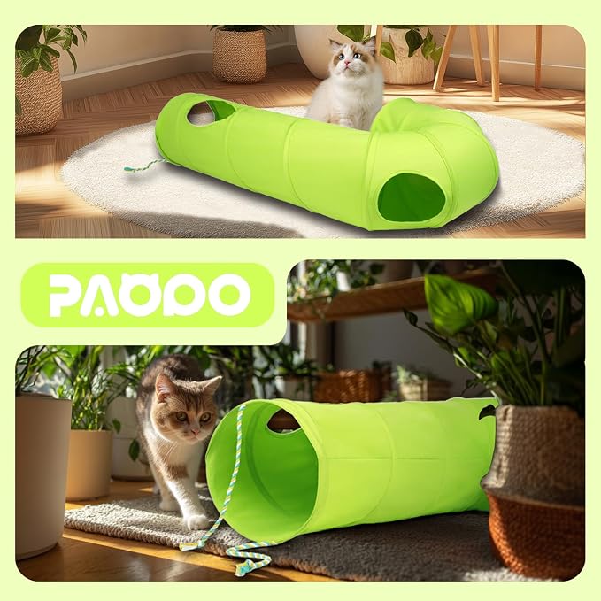 Cat Tunnel, 2-Way Collapsible Cat Tube with Interactive Peek-A-Boo Hole, Toy Ball, and Rope – Ideal for Indoor Cats, Kittens, and Rabbits (Green) - Image 4