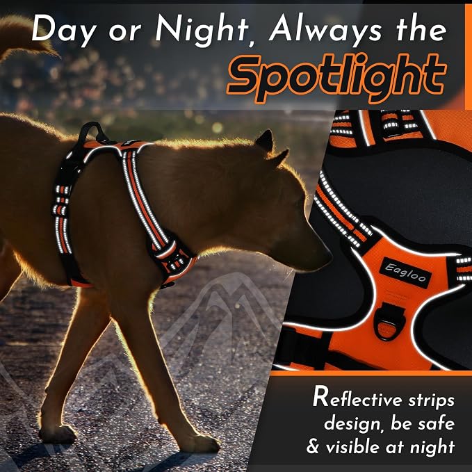 Eagloo Dog Harness for Medium Sized Dogs, No Pull Vest with 2 Leash Clips | No Choke with Handle, Adjustable Comfort Fit, Reflective Strips, Easy Walking Control, Orange, Medium - Image 8
