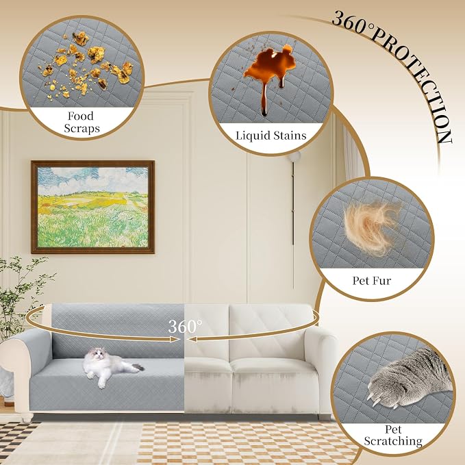 Velvet 100% Waterproof Couch Cover for Dogs Washable Sofa Covers for 3 Cushion Couch Pet Friendly Extra Large Sofa Slipcover Non Slip Furniture Protector with Pockets (X-Large, Silvery Grey) - Image 5