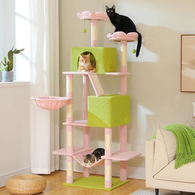 Flower Cat Tree Tall 70.8" for Adult Indoor Cats, 8-Levels Large Cat Tower with 8 Sisal Posts, 2 Hammocks, 2 Condos, Big Perch & 3 Pom Poms for Multi-Cats Household – Carpet Pink by MUTTROS