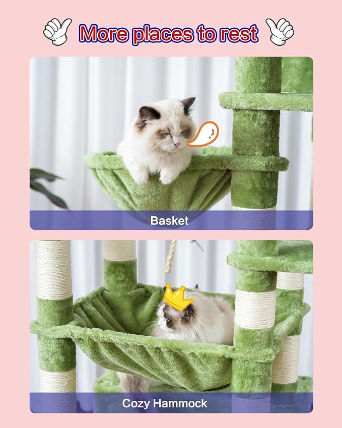 Cat Tree, 74" Tower for Large Cats, Big Condo Hammock CCT030GR | Heavy duty, 3 Big Platforms, 2 Baskets, 2 Condos, Multi-Level Scratching Posts, Indoor Cats Large Adult 20 lbs+, Green - Image 5