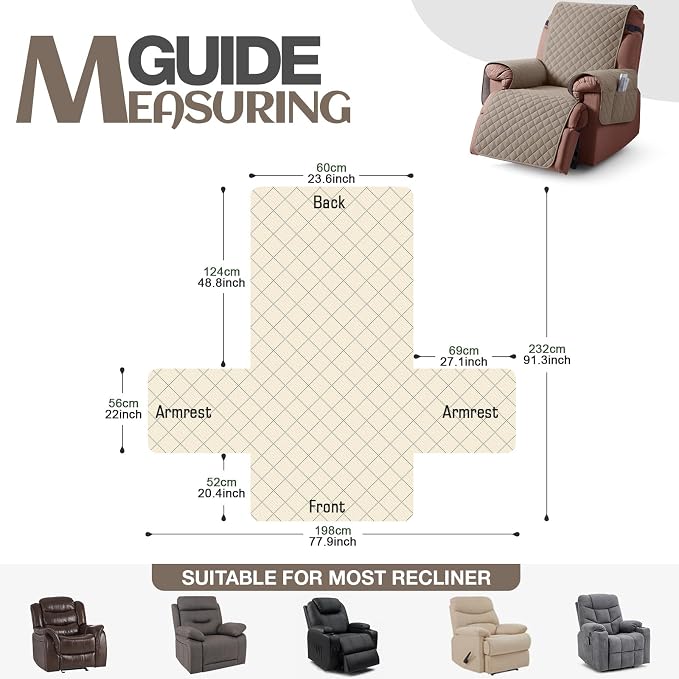KinCam 100% Waterproof Recliner Chair Covers Washable, 23.6", Taupe | Anti Slip Reclining Couch Covers for Pets Dog, Recliner Sofa Slipcover Storage Pocket, Furniture Protector with Elastic Strap - Image 4
