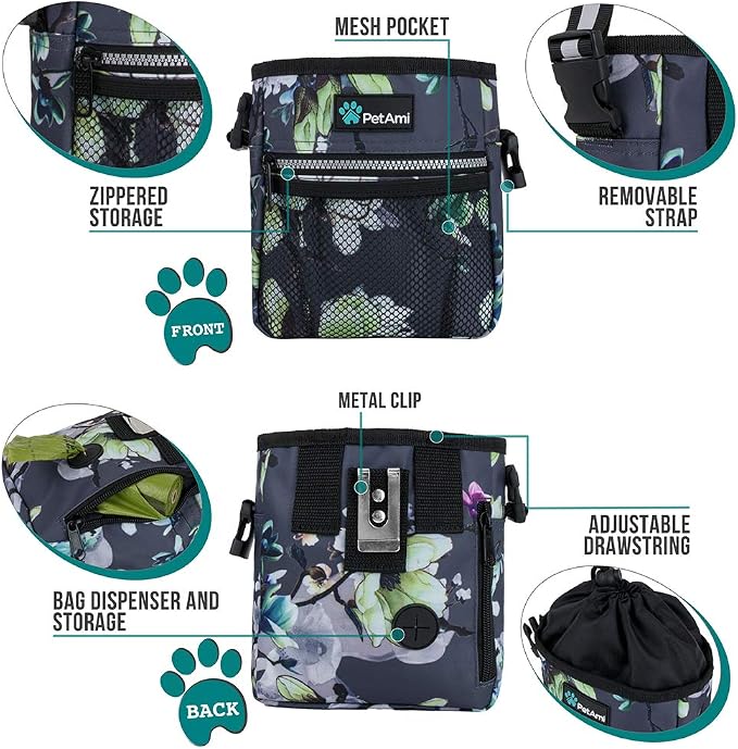 PetAmi Dog Treat Pouch, Pet Treat Pouch for Training, Dog Walking Bag Holder for Kibbles, Pet Food Toy, Dog Trainer Essentials Supplies, Poop Bag Dispenser, 3 Ways to Wear (Floral Grey) - Image 3