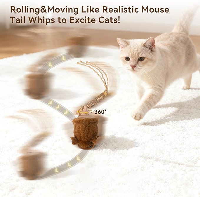 Migipaws Interactive MigiMouse Cat Toy 360° Rolling & Spin with Wiggling Tail for Indoor Cats Smart Motion Sensor, Realistic Squeak, Rechargeable Plush Kitten Toy (Brown) - Image 2