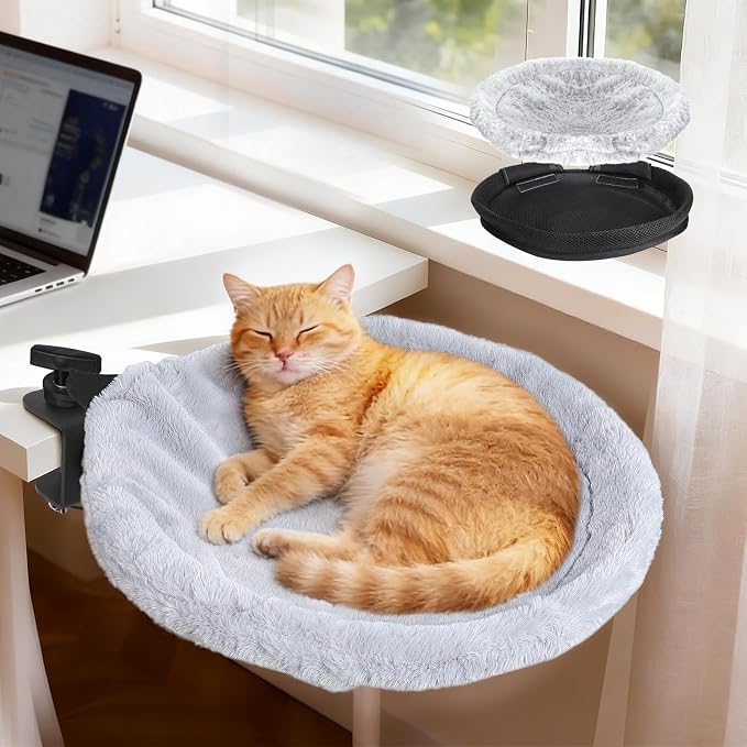 Topmart Cat Desk Bed with 360° Rotating,Cat Hammock with 2 Washable Pads | Easy to Install, Kittens Bed for Desk Attachment for Home Office,Up to 45LBS, Grey & Black by Topmart