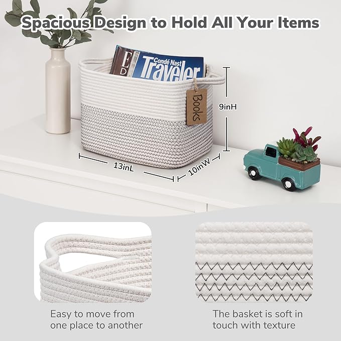 Goodpick Woven Rope Storage Basket for Shelves, Rectangle, Mix White | 13" × 10" × 9" Stylish Gift Basket for Nursery & Bedroom Organization, Cotton Rope Baskets for Toys & Baby Essentials Storage - Image 3