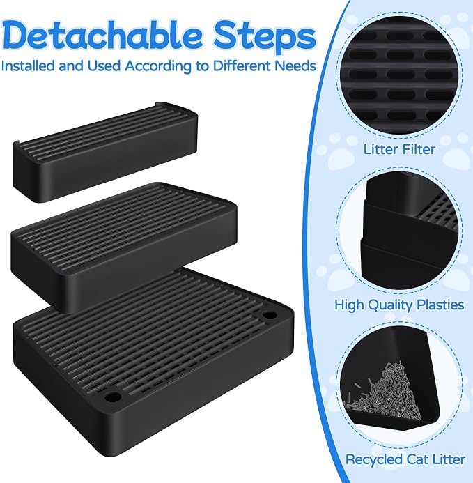 Extra Large 3 Steps Litter Box Ramp, Adjustable Cat Litter Box Step with Filter Function, Easy to Clean Cat Litter Stair Catcher for Elderly Cats and Kitten (Black) - Image 3