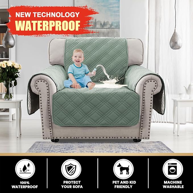 PrinceDeco 100% Waterproof Chair Sofa Slipcover for Living Room Water Resistant Couch Cover Furniture Protector Cover with Elastic Straps for Pets Kids Children Dog Cat(Chair 23", Lily Pad) - Image 2