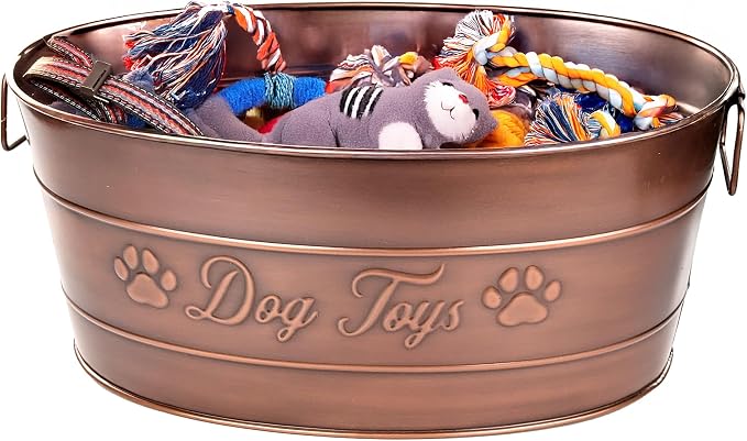 BREKX Copper Metal Dog Toy Storage Bin, Indestructible, Large | Toy, Blanket & Leash Organization • Carrying Handles - Image 9