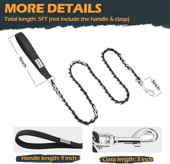 Chain Dog Leash Chew Proof Metal Leash for Medium Large Dogs, Chain Link Dog Leash Anti Chew 5.2FT Strong Anti Bite Dog Leash Comfortable Soft Padded Handle Black 3.0 | Three Sizes 7.25FT/5.2FT/4FT, Woven From Nylon Rope And Chain, Durable And Bite-Res... - Image 7