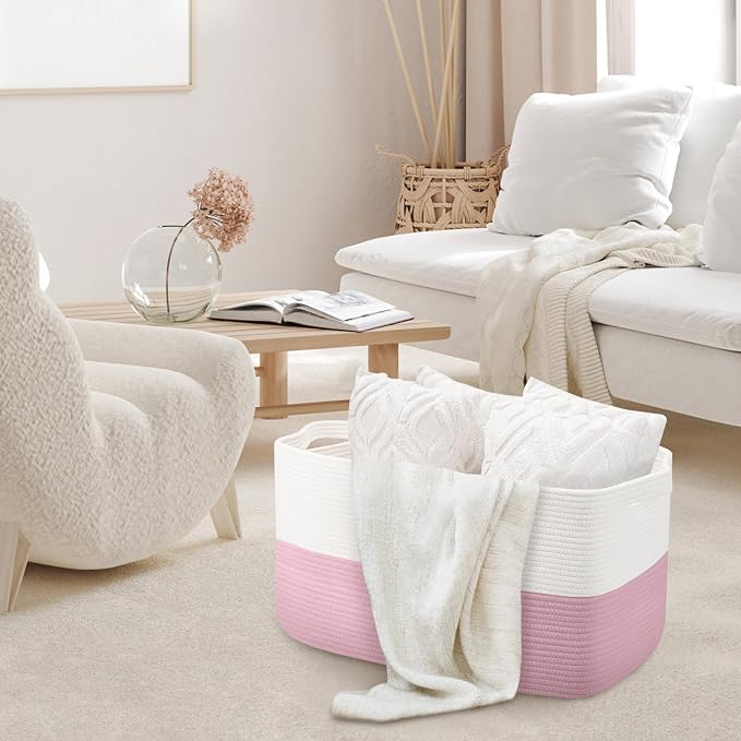 MEGASKET Large Pink Storage Basket, 22" x 17" x 12" Rectangle Cotton Rope Bin for Organizing, Woven Blanket storage for Living Room, Kids Toy Bin Box, Decorative Nursery Storage, Pink Room Decor - Image 3
