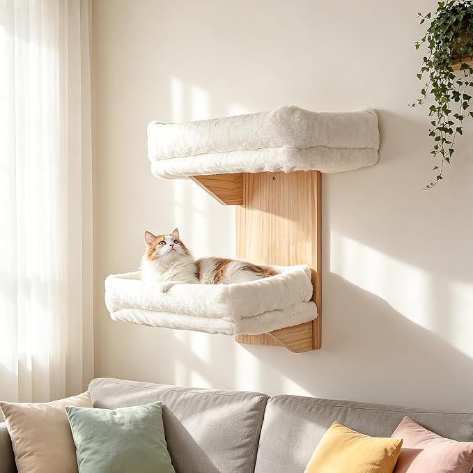 Cat Wall Shelves, 2 Platform Cats Walls Furniture, Tree Shape Kitten Floating Shelf with Soft Cushion Perch, Solid Pine Wood, Suitable for Climb, Play, Nap - Image 6