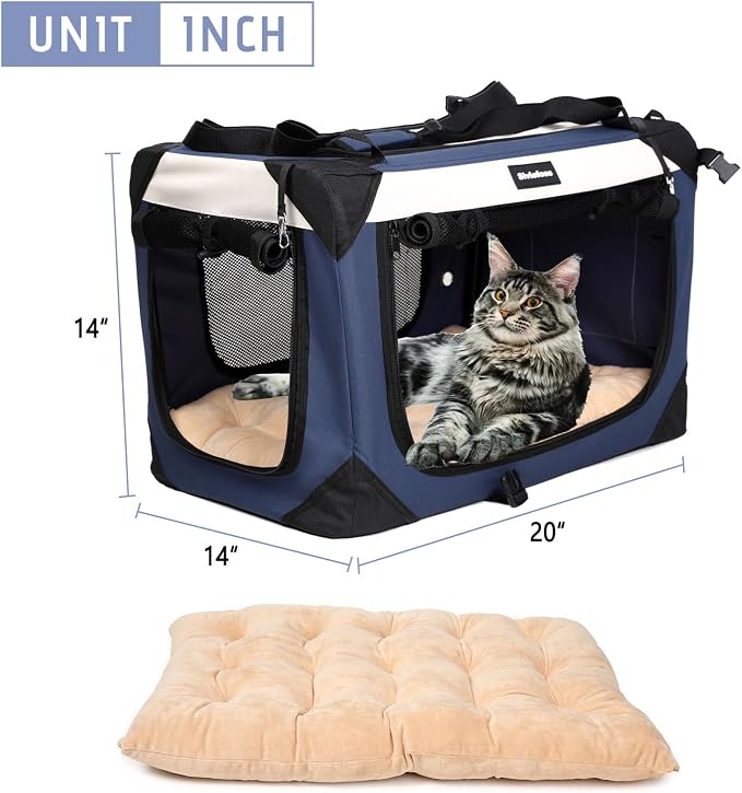 Collapsible Dog Travel Crate,Portable Soft-Sided Pet Carrier Extra Large Cat Carrier with Soft Plush Plush Mat for Indoor and Outdoor,28x20x20in,Navy Blue - Image 5