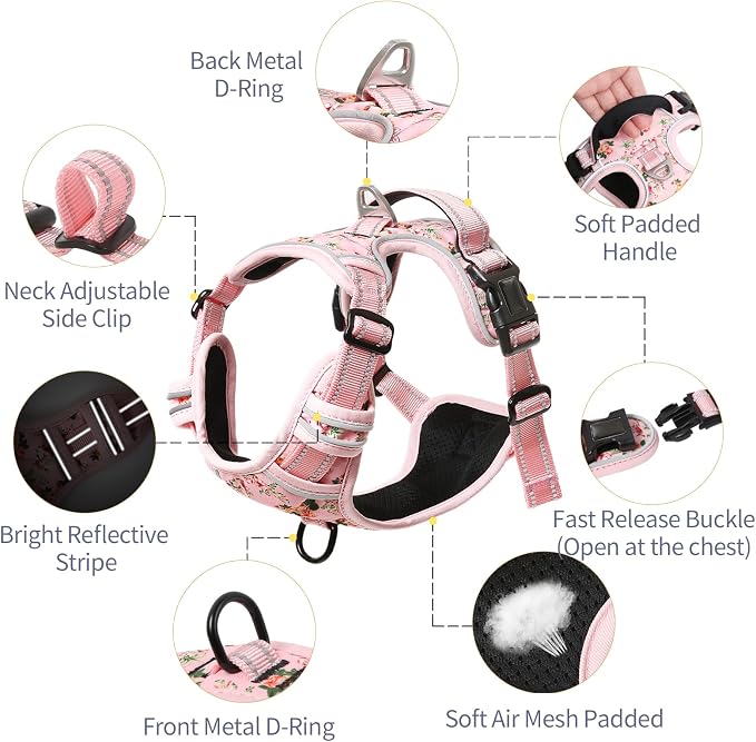 HEELE Dog Harness, No Pull Adjustable Padded Reflective Harness for Small Medium Large Dogs with Handle for Walking Training, Flower-Pink, M | Front Clip for Medium Dog Harness, 2 Metal Rings with Handle, Adjustable, Soft Breathable Padded Pet Vest for... - Image 2