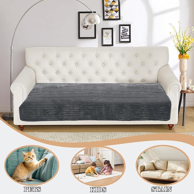 NAISI Couch Covers for Dogs Waterproof Flannel Striped Sofa Cover Pet Friendly Washable Dog Mat for Couch Anti Slip Sectional Sofa Slipcover Protector(1pc/35"x 94",Dark Grey) - Image 2