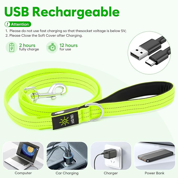 LED Dog Leash, 4 Ft Light Up Dog Leash USB Rechargeable Waterproof, Nylon Reflective Leashes with Padded Handle, Safety Glow in The Dark Pet Lights for Large Medium Small Pet(Green) - Image 3