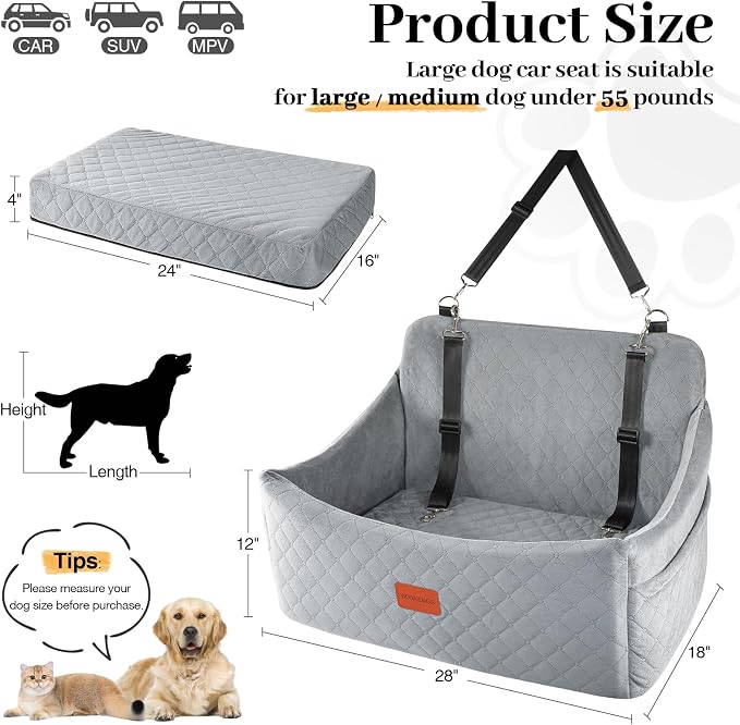 Wooaidagg Dog Car Seat for Medium & Large Dogs Up to 55lbs, Memory Foam Cushion, Washable Cover, Safety Straps & Non-Slip Base(Grey,Large) - Image 3