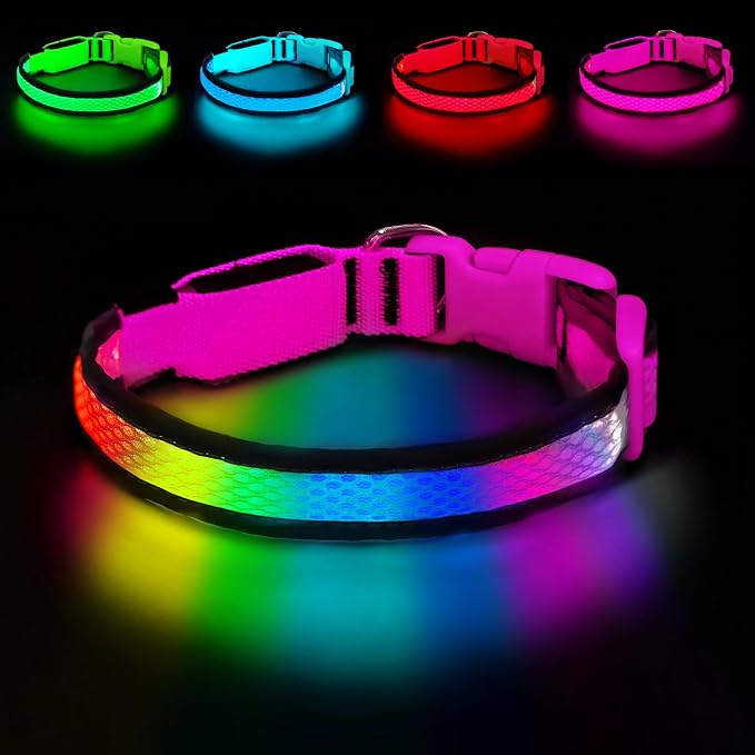 LED Dog Collar, Light Up Dog Collar,for Night Walking(Small,Pink) | Adjustable,Bright RGB 7 Colors Light Glowing Collar,Waterproof,Nylon,Soft,For Small and Medium Dogs,USB C to Charge by PWOD