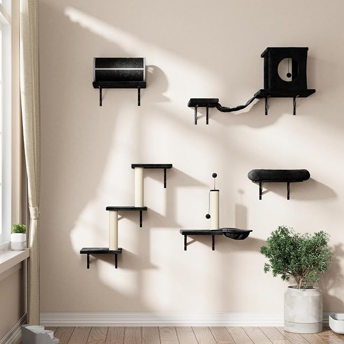 7-in-1 Cat Wall Shelves, Wall Mounted Climber Set | Cat Furniture with House, Tunnel, Bridge, Steps, Scratcher, Hammock, Shelves for Indoor, Black - Image 7