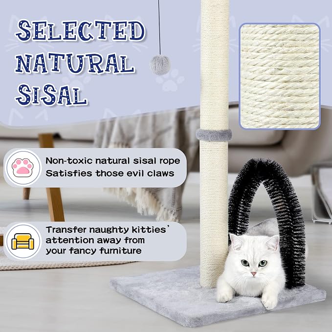 ANWA 32" Tall Cat Scratching Post with Arch Groomer, Natural Sisal, Gray | Natural Sisal Post for Indoor Cats Adults, Stable Cat Post with Plush Toys, Self-grooming Brush, Cat Furniture, Small Space - Image 5