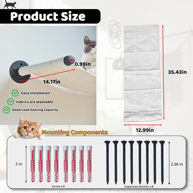 Cat Hammock Wall Mounted, Wall Mounted Cat Shelves, 35.43 x 12.99 in | Washable Replacement Cloth Wall Mounted Cat Shelves, For Large cats, For Sleeping, Playing, Climbing and Resting - Image 2