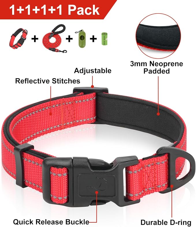 Dynmeow Reflective Dog Collar and Leash Set for Medium Dogs, Red | Soft Neoprene Padded, 6FT Climbing Rope, Ideal for Daily Outdoor Walking or Indoor Wearing, Night Visible for Safety - Image 2