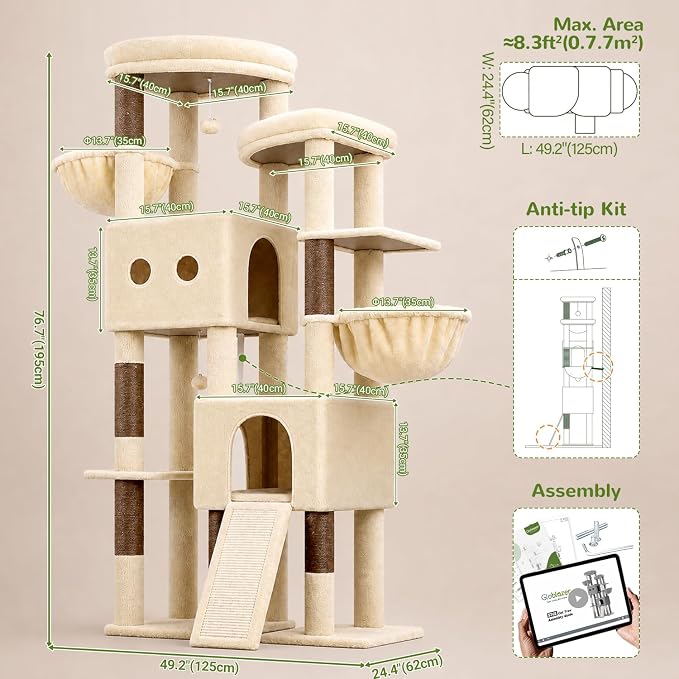 Globlazer Sturdy Cat Tower for Indoor Cats 20lbs, 76in, S76E, Beige | Heavy Duty Cat Tree for Adult Big Cats Maine Coon with Scratching Post, 2 Extra Large Top Perch, 2 Padded Cat Condos - Image 6