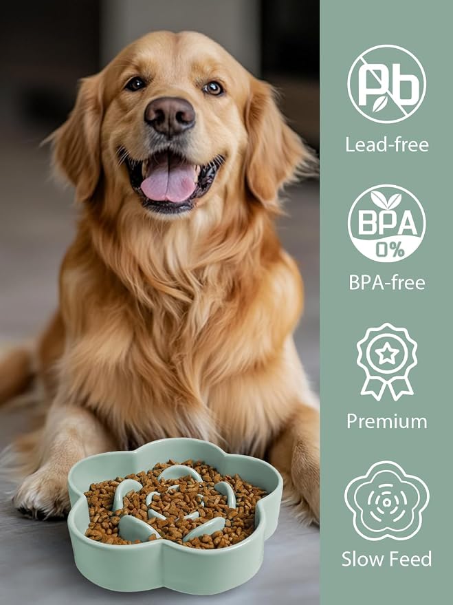 Ceramic Slow Feeder Dog/Cat Bowl 8" 11.3oz Medium Large | Anti-Choking Slow Food Bowls, Slow Feeder for Large Breeds, Plum Puzzle Design, Non-slip Silicone, Dishwasher Safe, Green - Image 5