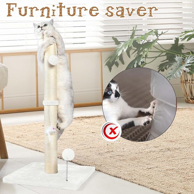 ANWA 32" Tall Sisal Cat Scratching Posts Tree for Indoor Cats Adults, White | Sisal Cat Scratcher, Small Space, Cat Post with Dangling Plush Toys for Indoor Cats, 15.7" Stable Base, Cat Furniture - Image 6