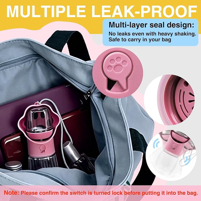 Dog Water Bottle with Food Container, Portable Pet Dispenser, Leak Proof, Hiking, Puppy Travel, Outdoor Activities(11.16 fl.oz/330ml, Pink) - Image 4
