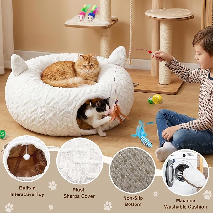 OurWarm Cat Tunnel Bed for Indoor Cats, Soft Plush Cat Donut Tunnel with 11 Pcs Interactive Toys & Washable Mat, Round Peekaboo Pet Cave Play Tunnel Under Christmas Tree for Kitten Rabbit - Image 4