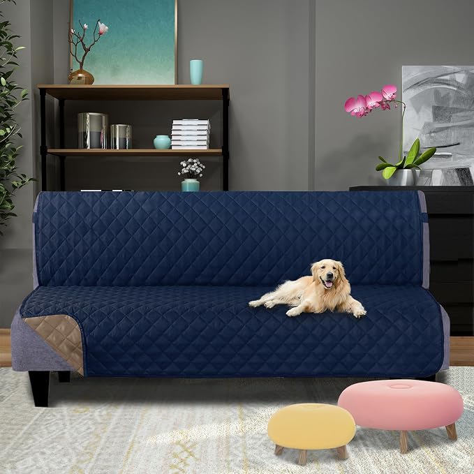 U-NICE HOME Futon Sofa Covers 68''Armless Couch Cover, Navy/Taupe | Washable, Pet Friendly, Elastic Straps, Water Repellent, Furniture Protector Mat - Image 2