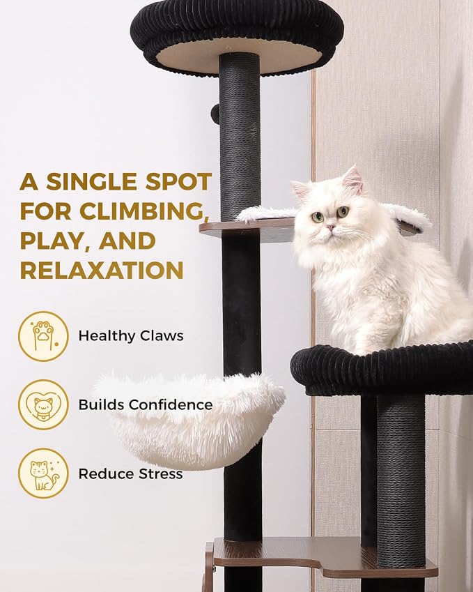 63" Heavy Duty Cat Tower, Modern Cat Tree, Wooden Cat Tree | Modern Cat Furniture, Sturdy Cat Tree Tower, Indoor Scratching Post, Plush Top Perch, Cozy Cat Condo - Image 5