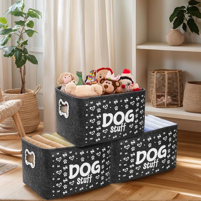 WRINGKIT 3 Pack Dog Toy Bin Basket, Large, Collapsible | Pet Puppy Storage Bin Box with Handles, Felt Storage Bin Basket for Dog Toys, Blankets, Pet Supplies Storage, Dog Room Decor - Image 9