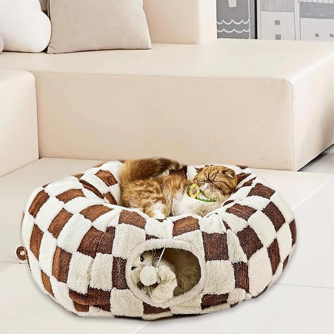 Cat Tunnel Bed with Washable Cushion for Indoor Cat, Donut Cave Tube Toys for Kitten Puppy Rabbit, Brown - Image 7