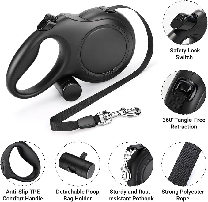 Segarty 26 Ft Walking Lead with Poop Bag Holder for Dogs 66 lbs - 110 lbs, 360°Tangle-Free Leash with Anti-Slip Handle & One-Handed Brake Pause Lock, 8m Retractable Leash for Dog Pets Outside Activity - Image 3