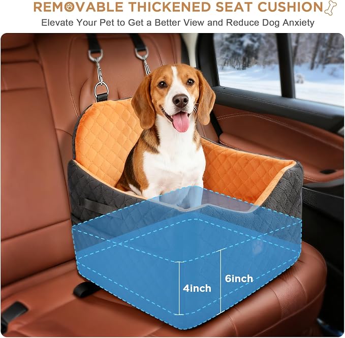 Dog Car Seat for Small/Medium Dogs Up to 35lbs, Puppy Car Seat with Thick Cushion, Detachable Washable Dog Carseat with Storage Pockets, 2 Safety Belts (Brown) - Image 5