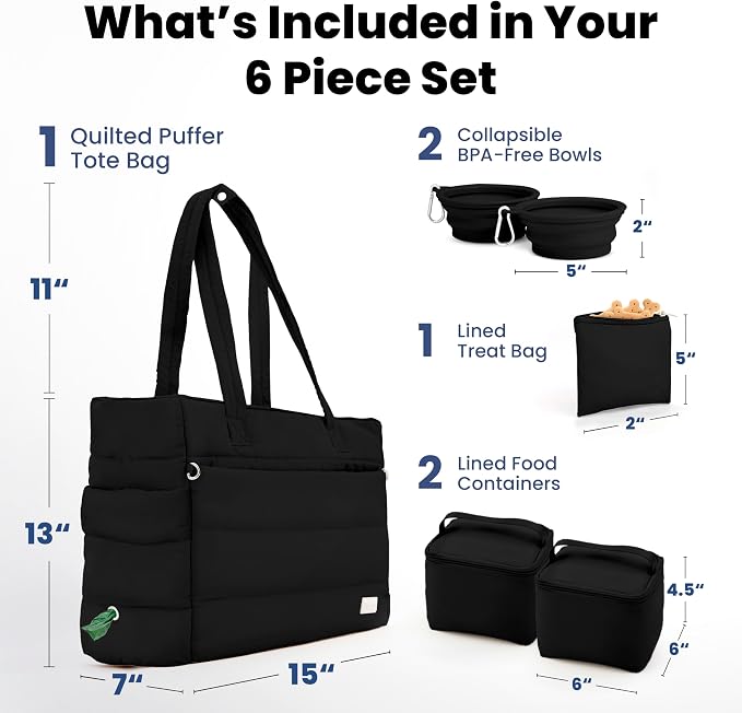 Rubyloo Puffer Dog Travel Bag for Dog Moms, Diaper Bag with Travel Bowls | 2 BPA-Free Collapsible Bowls, 2 Pet Food Containers, 9 Pockets, Everyday Puffer Bag Works With or Without Your Dog, Black - Image 3