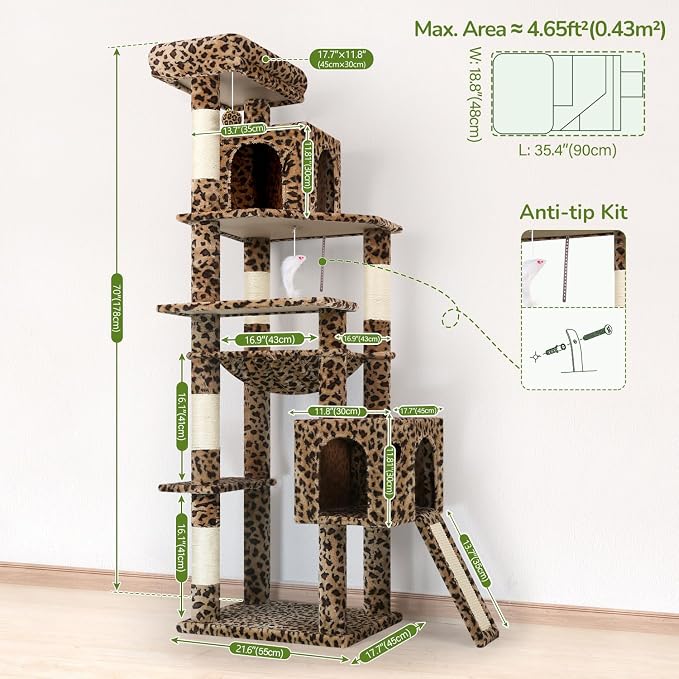 Globlazer Heavy Duty Leopard Cat Tree, 70in Sturdy Cat Tree for Indoor Cats Sturdy Large Cat Tower with Scratching Post & Board, Hammock, 2 Cat Condo for Adult Cats Kittens, F70 Pro, Leopard Print - Image 6