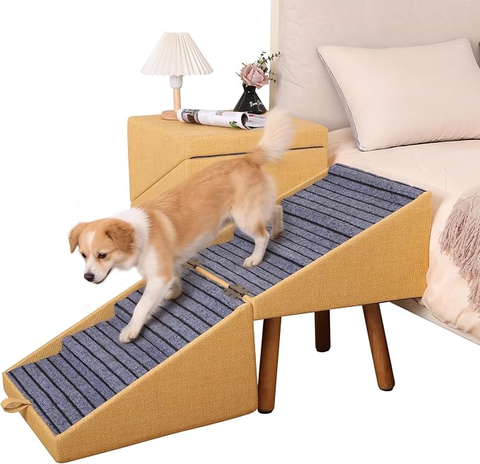 Dog Ramp for Beds, 2-in-1 Pet Stairs & Ottoman | Foldable Dog ramp for Couch, Non-Slip Wooden Pet ramp for Puppy Senior Injured Dogs (Yellow, XXL(21.06H)) by Ziluce