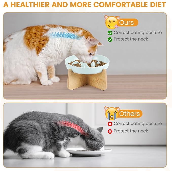 PETTOM Slow Feeder Cat Bowl with Stand, Ceramic Slow Eating Cat Bowl with Higher Edges Fish Pool Design Elevated Food Bowls for Dry and Wet Food Anti-Vomiting Puzzle Feeder for Healthy Eating Diet - Image 5