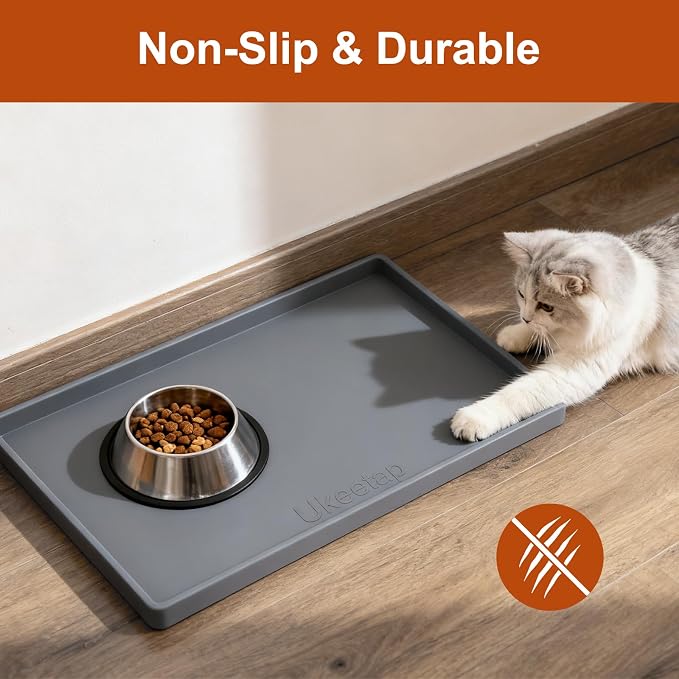 19" x 12" Extra Thick Silicone Mat Waterproof with Raised Edge, Gray | BPA-Free Non-Slip Dog & Cat Food Mat, Feeding Mat for Food and Water Bowls, Spill Proof Mat to Protect Floors - Image 5